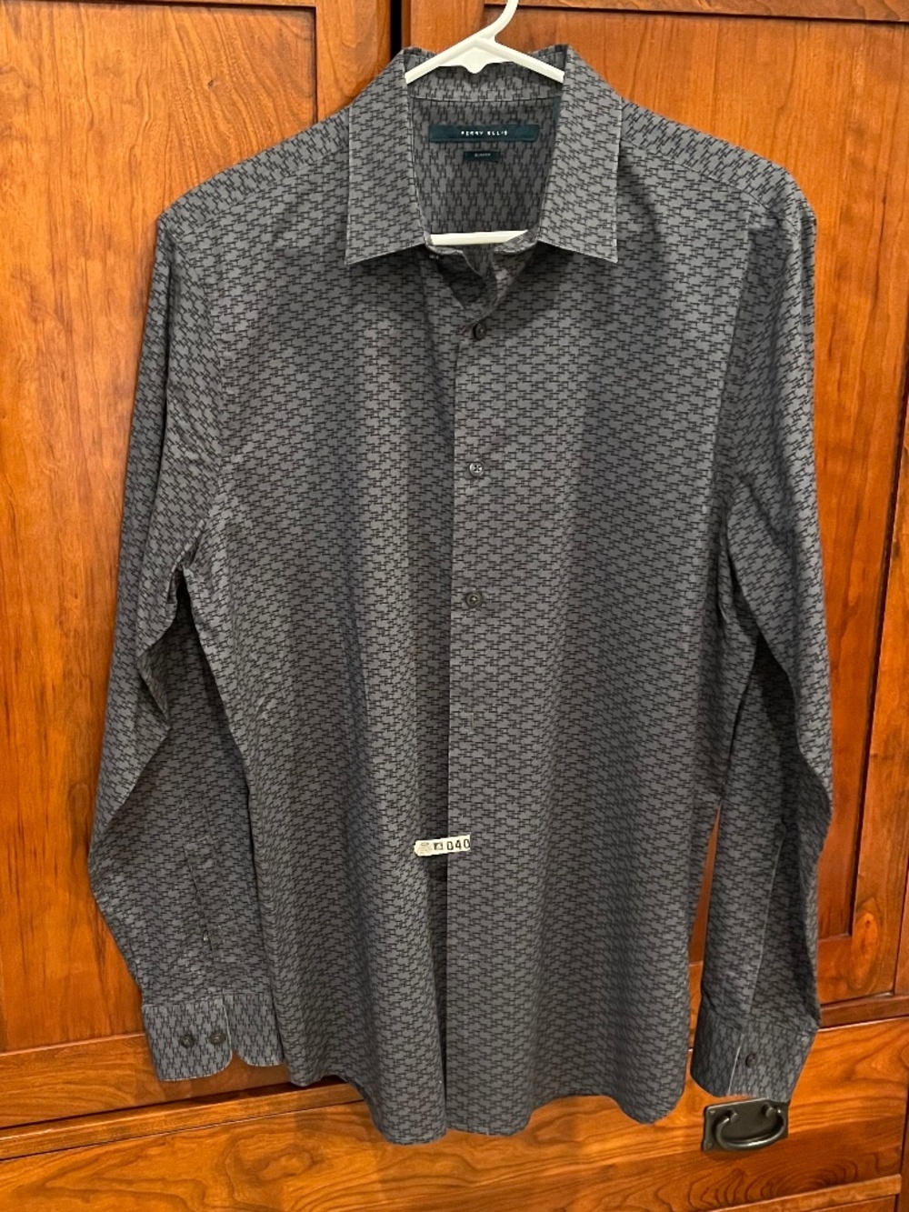 Perry Ellis Men's L Slim Fit Gray Geometric Button Down Shirt 100% Cotton